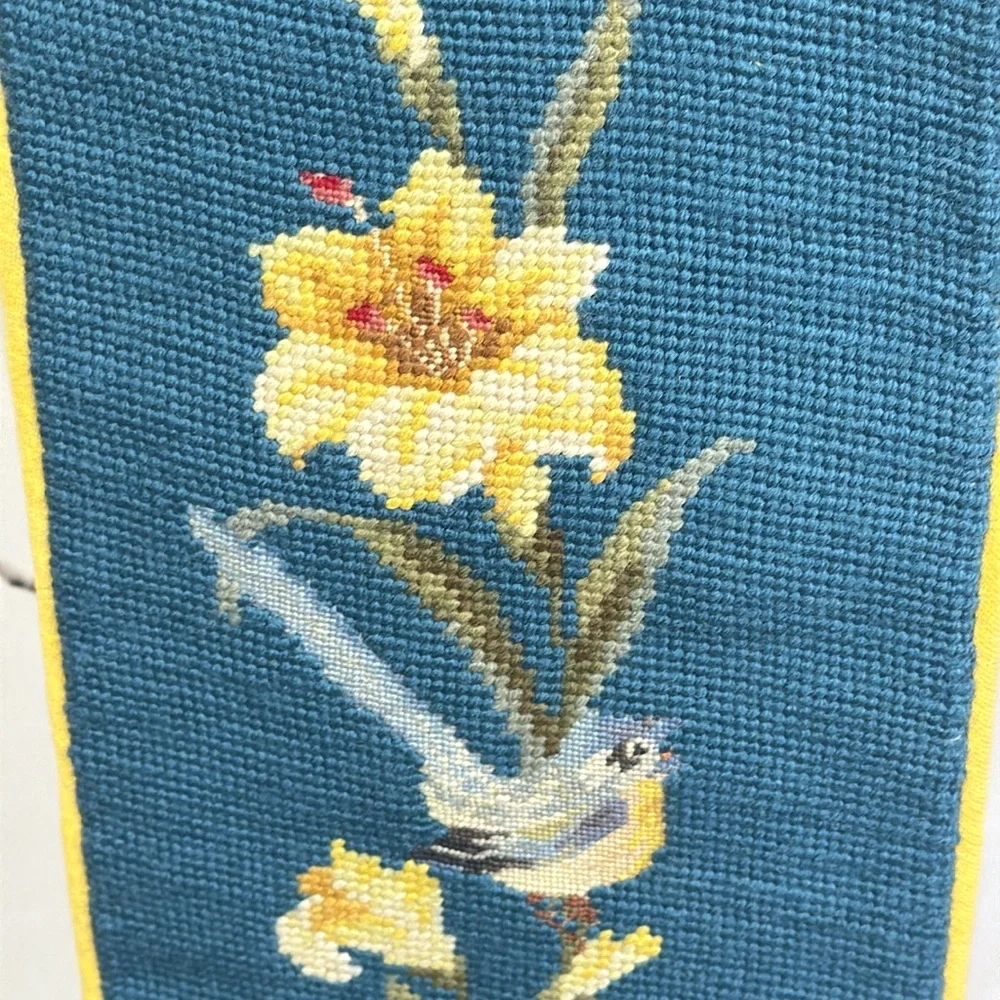 Vintage Petit Point Bell Pull Needle Point Velvet Backed Birds & Flowers Design
